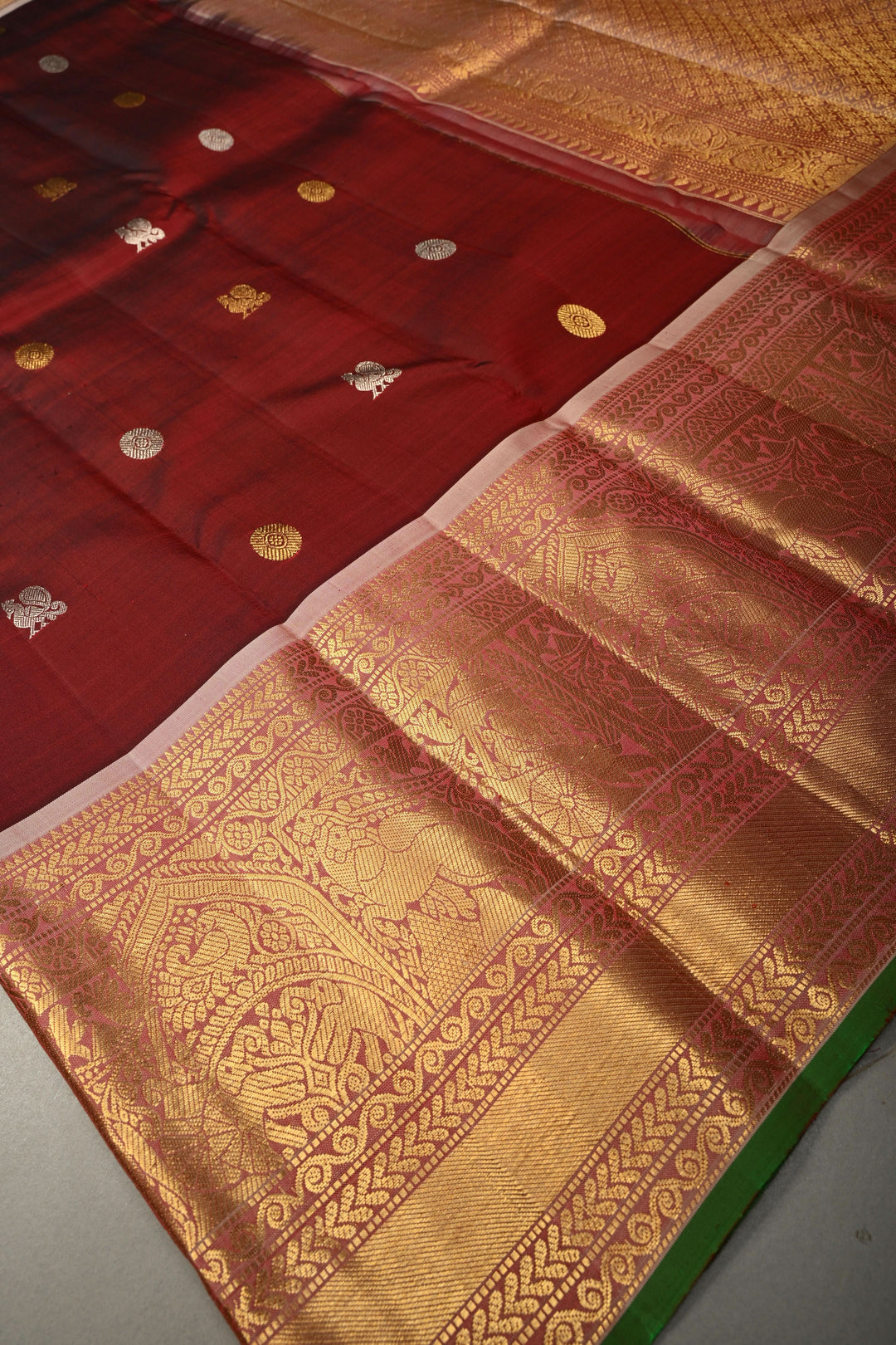 Maroon Gadwal Silk Saree with Gold-Silver Zari Buttas and Contrast Zari Border | SILK MARK CERTIFIED | SHOBITAM