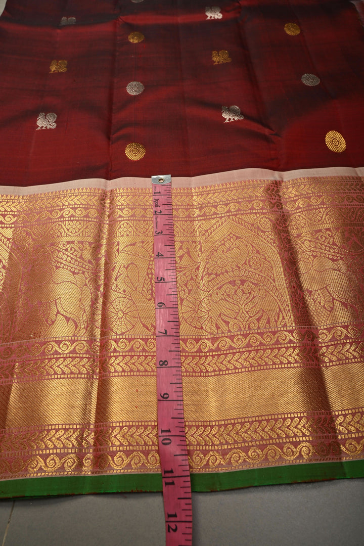 Maroon Gadwal Silk Saree with Gold-Silver Zari Buttas and Contrast Zari Border | SILK MARK CERTIFIED | SHOBITAM