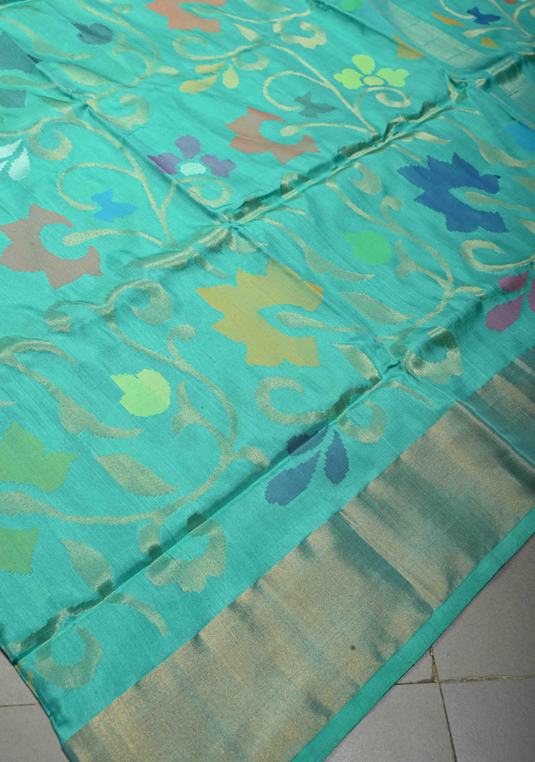 Mint Green Uppada Handloom Silk Saree with Meenakari Full Body Jamdani jaal and Tissue Border | SILK MARK CERTIFIED | SHOBITAM