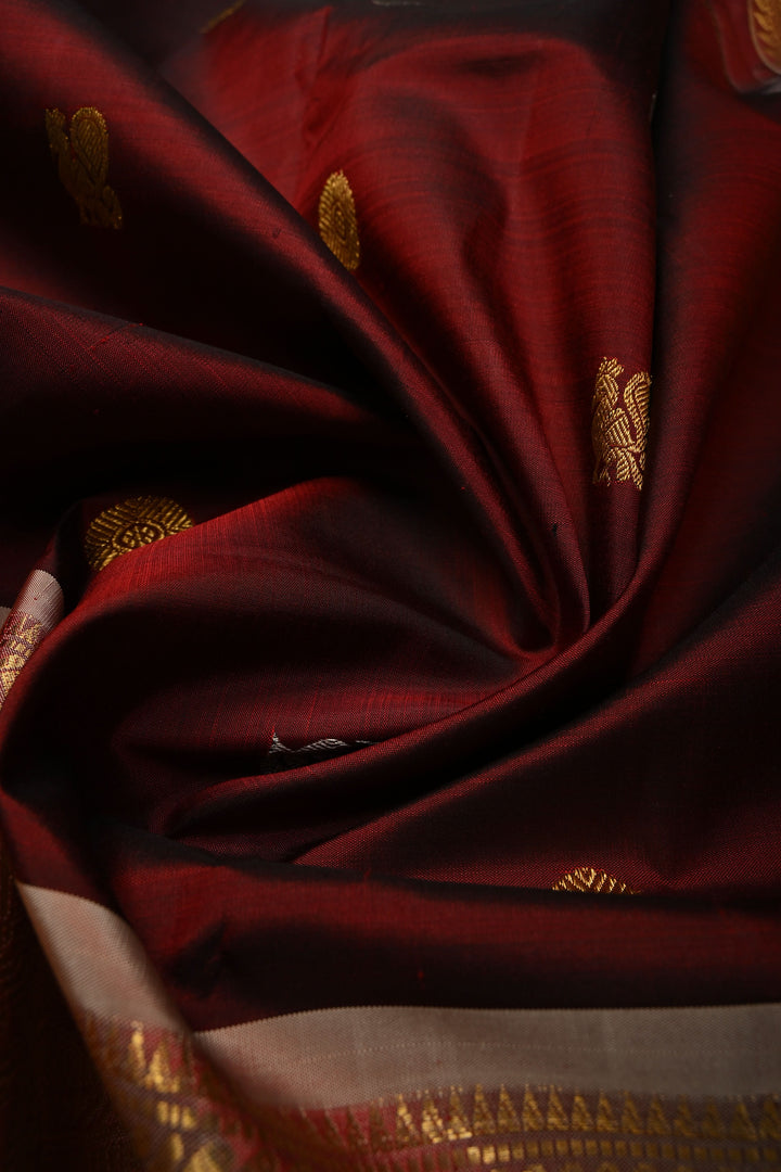 Maroon Gadwal Silk Saree with Gold-Silver Zari Buttas and Contrast Zari Border | SILK MARK CERTIFIED | SHOBITAM