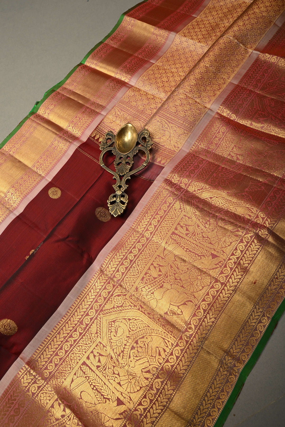 Maroon Gadwal Silk Saree with Gold-Silver Zari Buttas and Contrast Zari Border | SILK MARK CERTIFIED | SHOBITAM