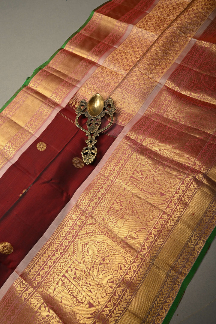 Maroon Gadwal Silk Saree with Gold-Silver Zari Buttas and Contrast Zari Border | SILK MARK CERTIFIED | SHOBITAM