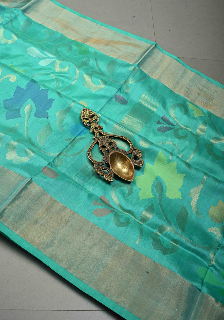 Mint Green Uppada Handloom Silk Saree with Meenakari Full Body Jamdani jaal and Tissue Border | SILK MARK CERTIFIED | SHOBITAM