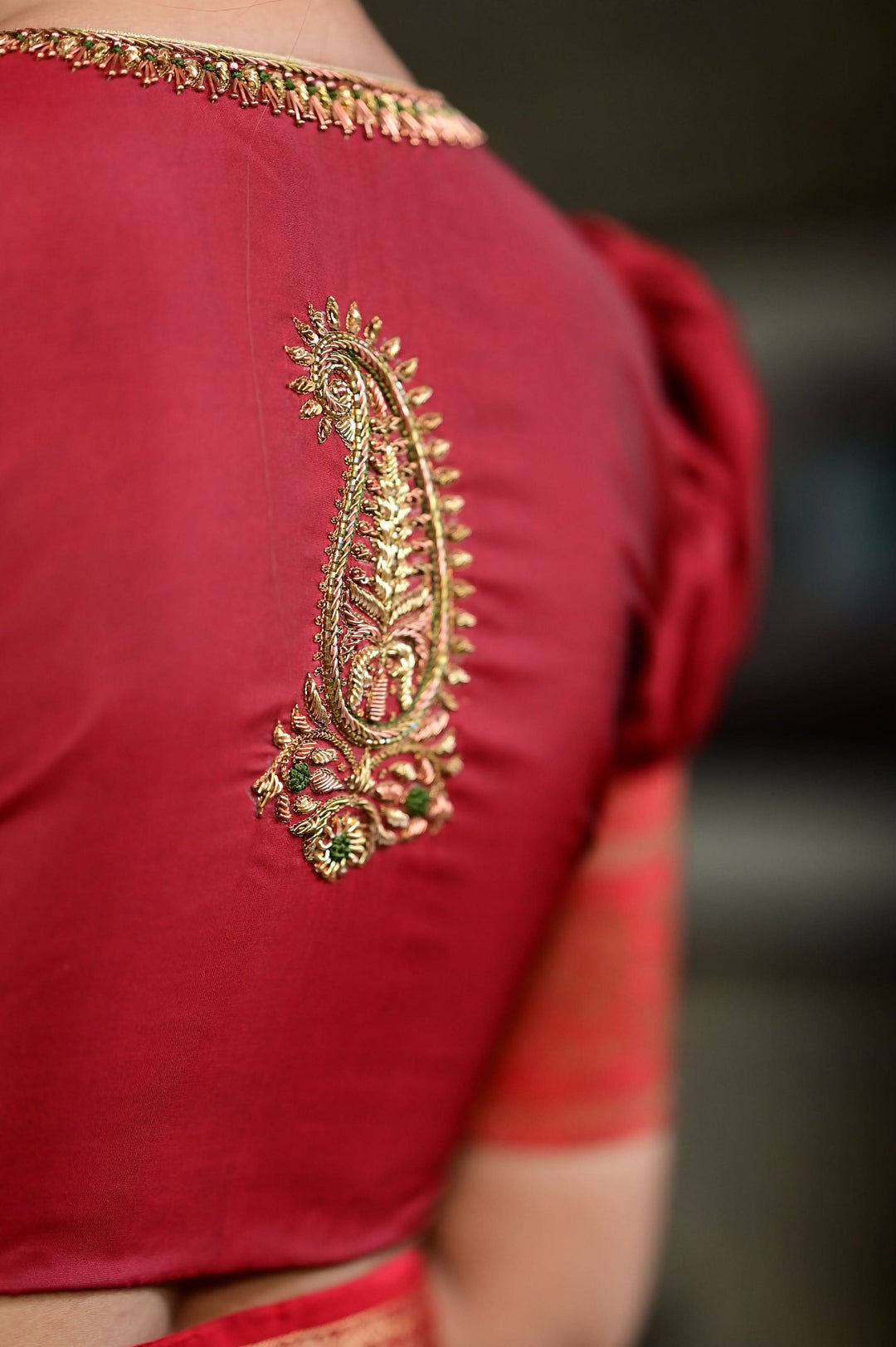Maroon Blouse with Keyhole Neck, Zardosi work and Puff Sleeves with Zari Detailing | SHOBITAM