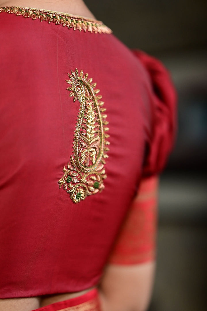 Maroon Blouse with Keyhole Neck, Zardosi work and Puff Sleeves with Zari Detailing | SHOBITAM