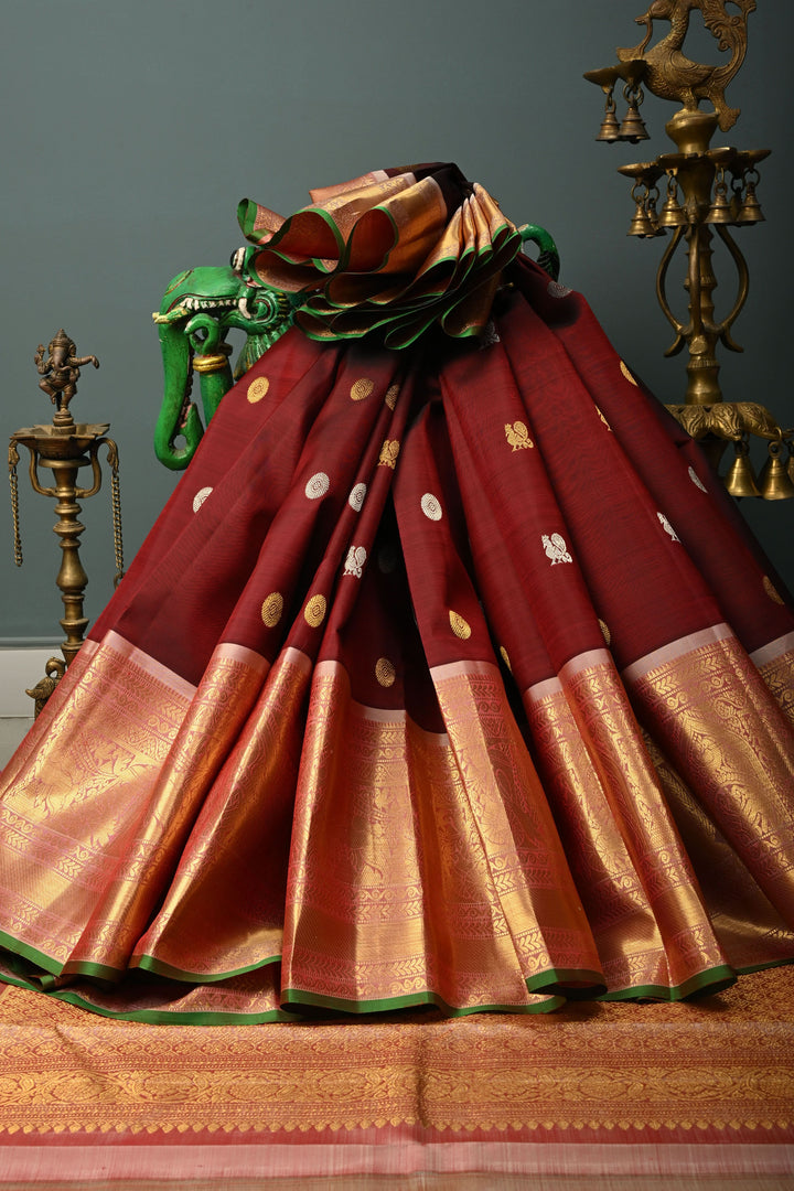 Maroon Gadwal Silk Saree with Gold-Silver Zari Buttas and Contrast Zari Border | SILK MARK CERTIFIED | SHOBITAM