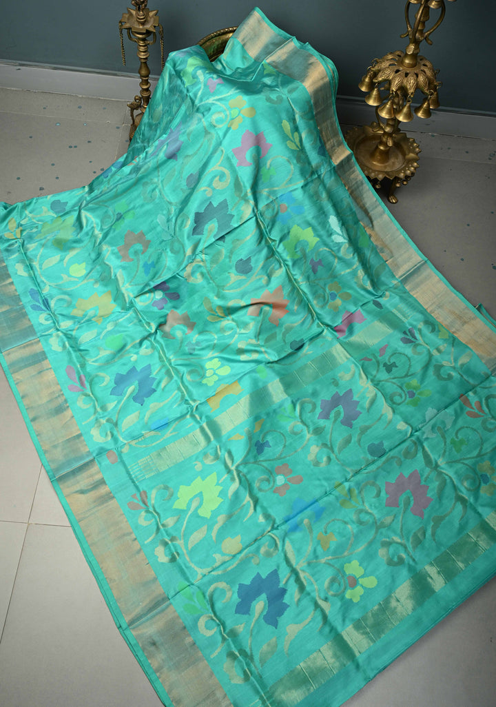 Mint Green Uppada Handloom Silk Saree with Meenakari Full Body Jamdani jaal and Tissue Border | SILK MARK CERTIFIED | SHOBITAM