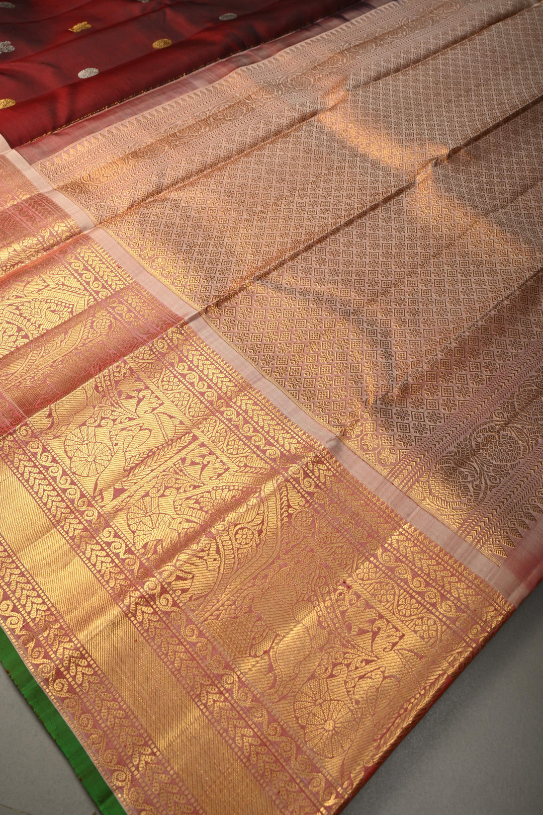 Burgundy Gadwal Silk Saree with Gold-Silver Zari Buttas and Contrast Zari Border | SILK MARK CERTIFIED | SHOBITAM