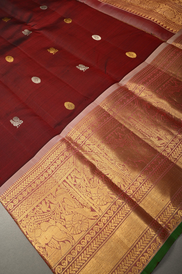 Burgundy Gadwal Silk Saree with Gold-Silver Zari Buttas and Contrast Zari Border | SILK MARK CERTIFIED | SHOBITAM
