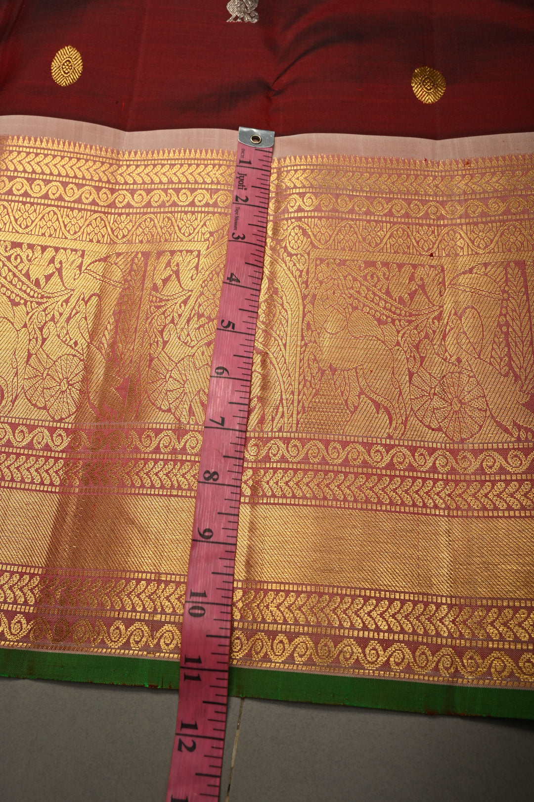 Burgundy Gadwal Silk Saree with Gold-Silver Zari Buttas and Contrast Zari Border | SILK MARK CERTIFIED | SHOBITAM