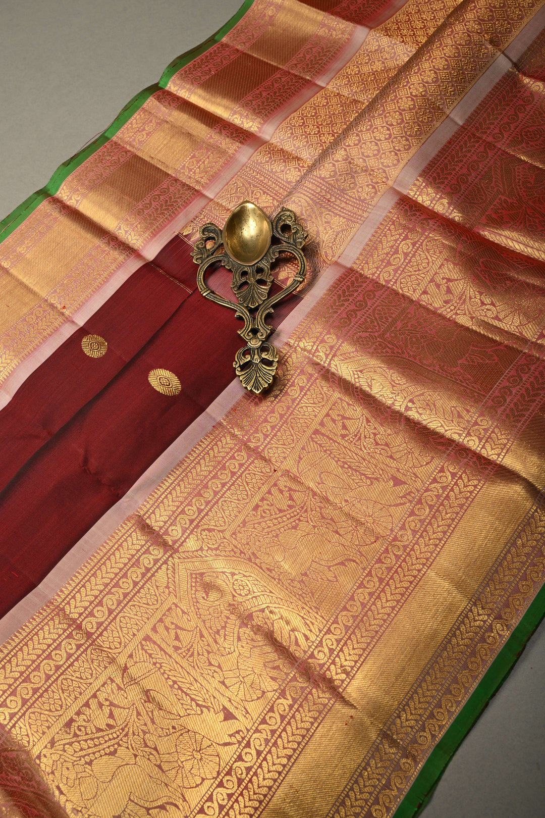 Burgundy Gadwal Silk Saree with Gold-Silver Zari Buttas and Contrast Zari Border | SILK MARK CERTIFIED | SHOBITAM