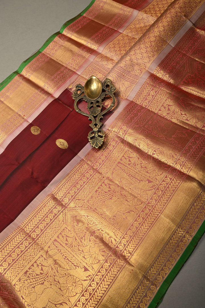 Burgundy Gadwal Silk Saree with Gold-Silver Zari Buttas and Contrast Zari Border | SILK MARK CERTIFIED | SHOBITAM