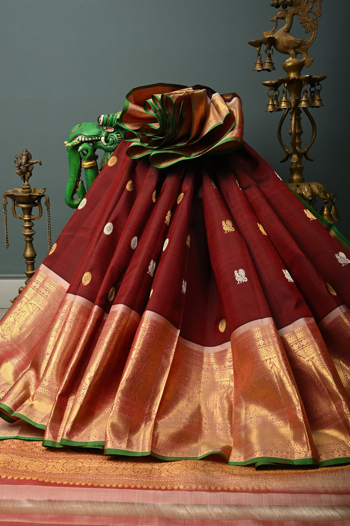 Burgundy Gadwal Silk Saree with Gold-Silver Zari Buttas and Contrast Zari Border | SILK MARK CERTIFIED | SHOBITAM