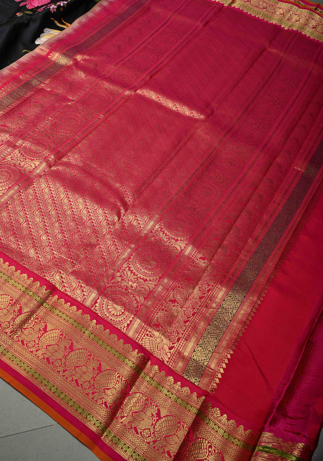 Stunning Black Pure Kanjivaram Silk Saree with Tropical Floral Digital Print and Contrast Pink-Mustard Zari Border | SILK MARK CERTIFIED | SHOBITAM