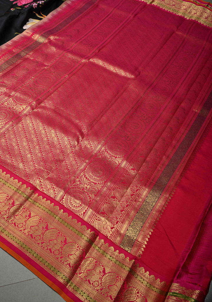 Stunning Black Pure Kanjivaram Silk Saree with Tropical Floral Digital Print and Contrast Pink-Mustard Zari Border | SILK MARK CERTIFIED | SHOBITAM