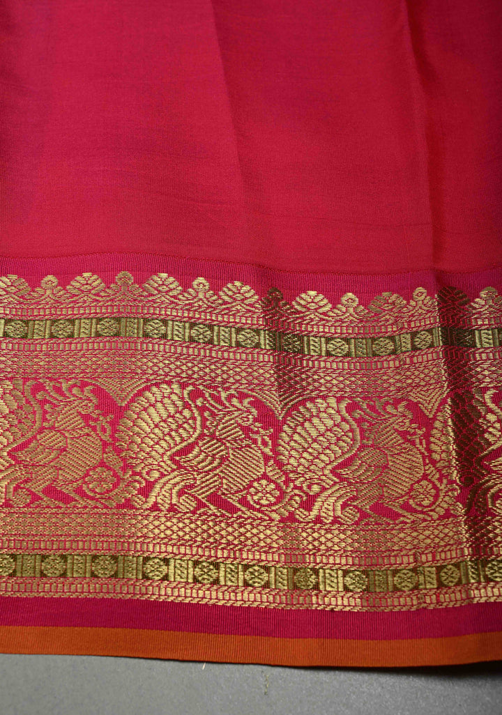 Stunning Black Pure Kanjivaram Silk Saree with Tropical Floral Digital Print and Contrast Pink-Mustard Zari Border | SILK MARK CERTIFIED | SHOBITAM