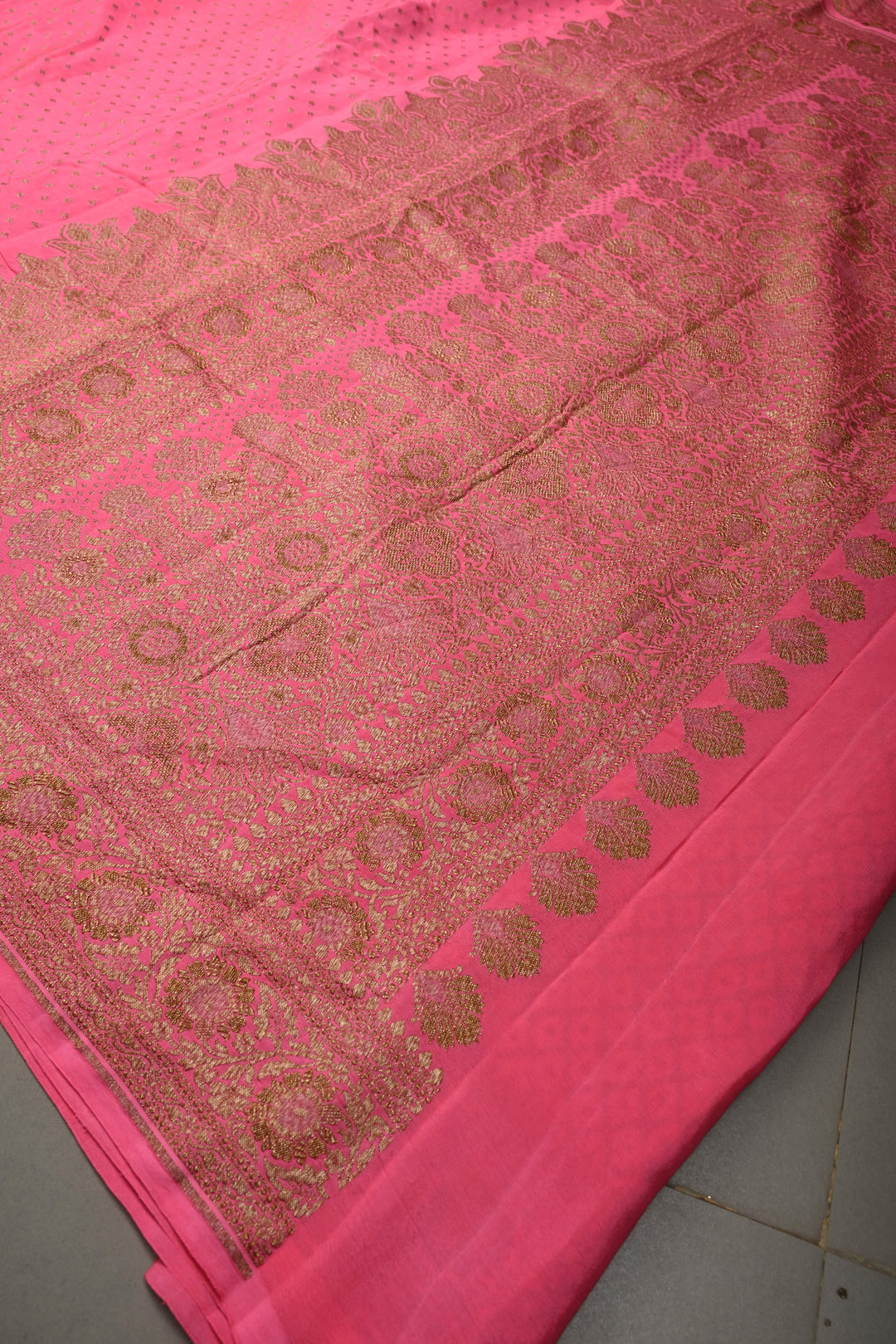 Dusty Pink Banarasi Silk Georgette Saree with Antique Zari Chunri Buttis and Zari Border | SILK MARK CERTIFIED | SHOBITAM
