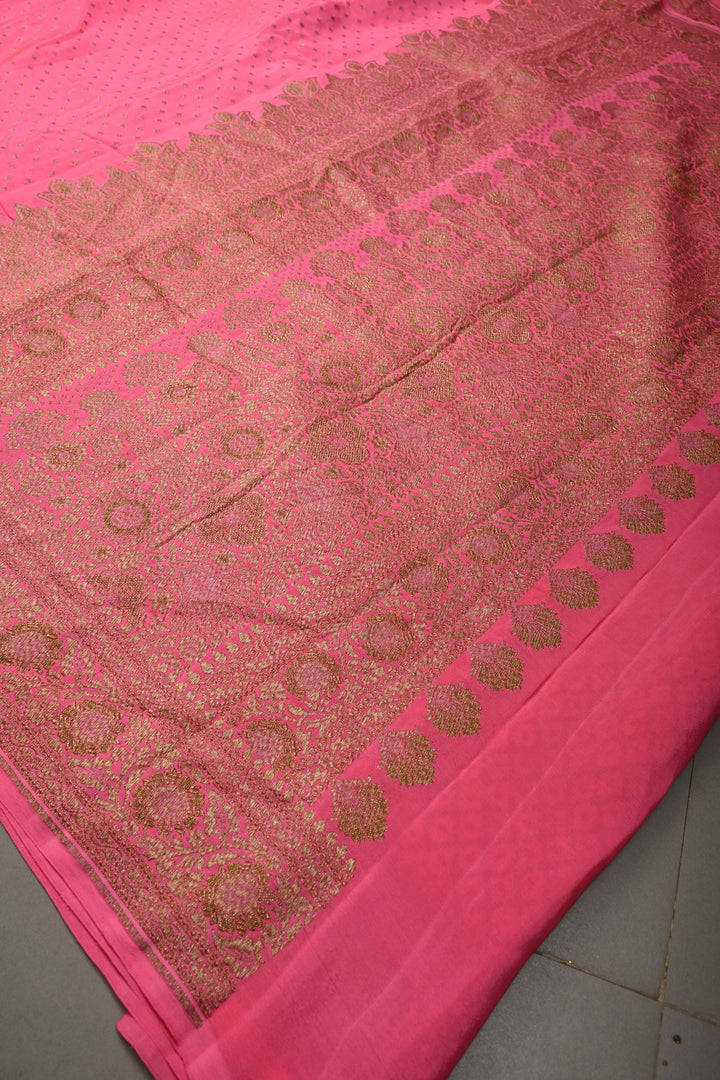 Dusty Pink Banarasi Silk Georgette Saree with Antique Zari Chunri Buttis and Zari Border | SILK MARK CERTIFIED | SHOBITAM