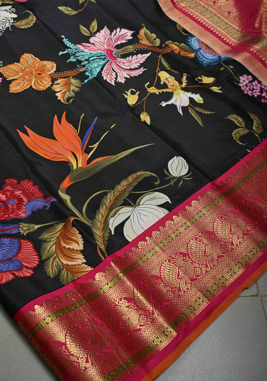 Stunning Black Pure Kanjivaram Silk Saree with Tropical Floral Digital Print and Contrast Pink-Mustard Zari Border | SILK MARK CERTIFIED | SHOBITAM