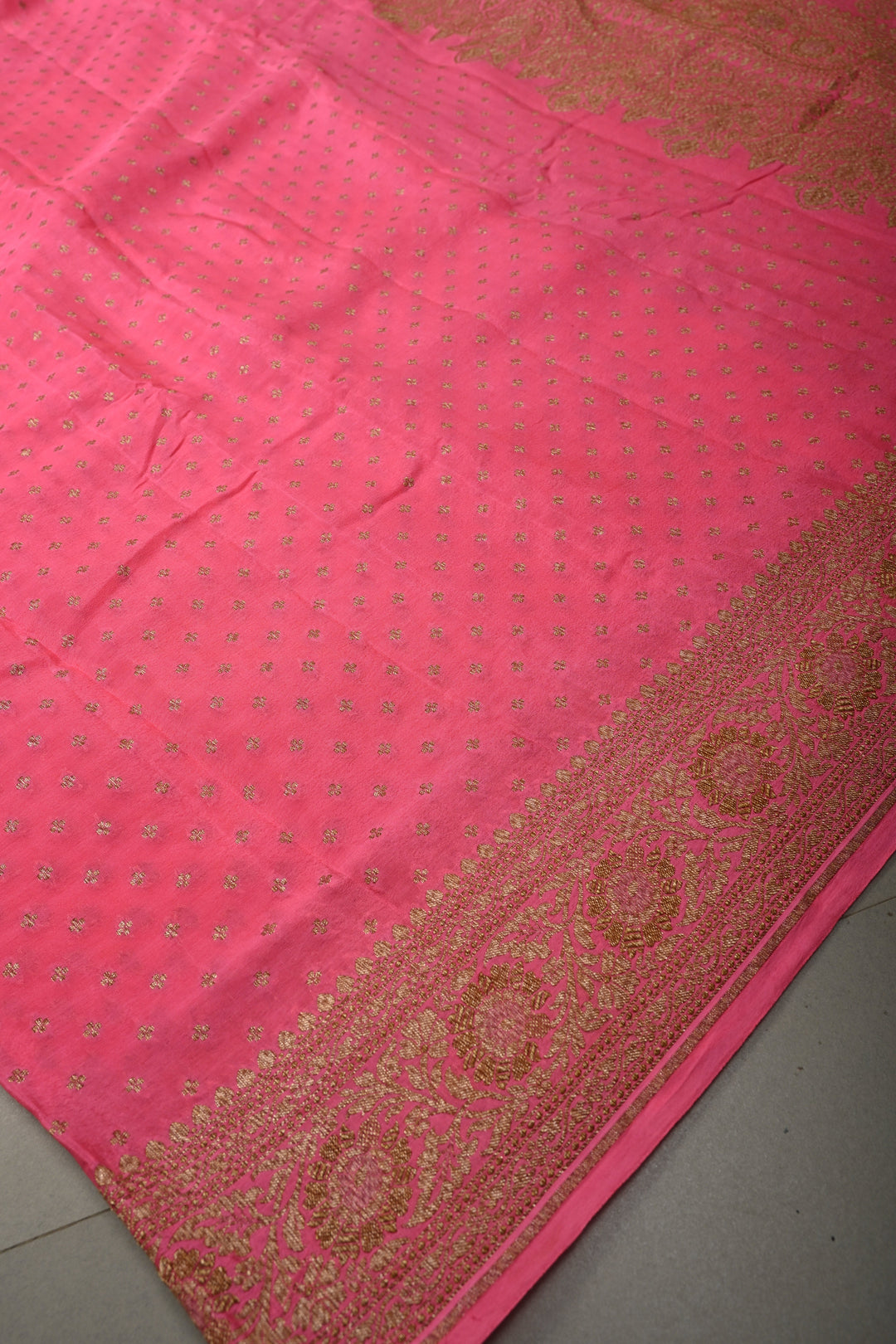 Dusty Pink Banarasi Silk Georgette Saree with Antique Zari Chunri Buttis and Zari Border | SILK MARK CERTIFIED | SHOBITAM