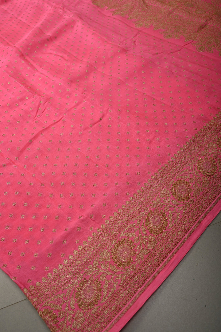 Dusty Pink Banarasi Silk Georgette Saree with Antique Zari Chunri Buttis and Zari Border | SILK MARK CERTIFIED | SHOBITAM