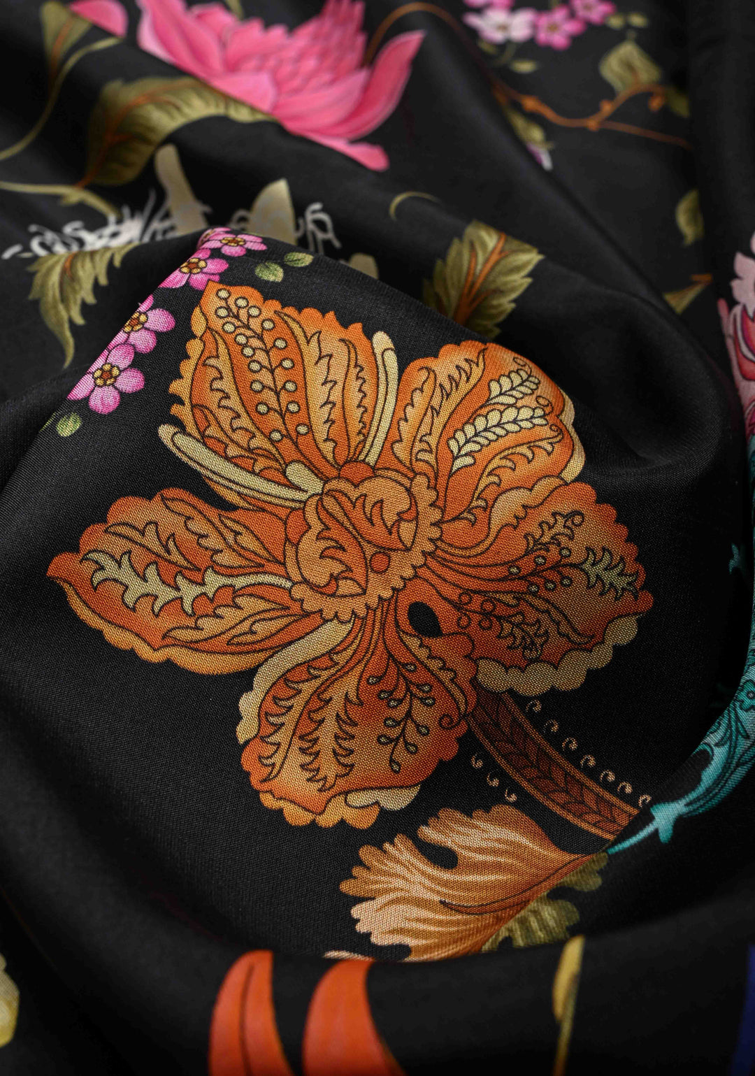 Stunning Black Pure Kanjivaram Silk Saree with Tropical Floral Digital Print and Contrast Pink-Mustard Zari Border | SILK MARK CERTIFIED | SHOBITAM