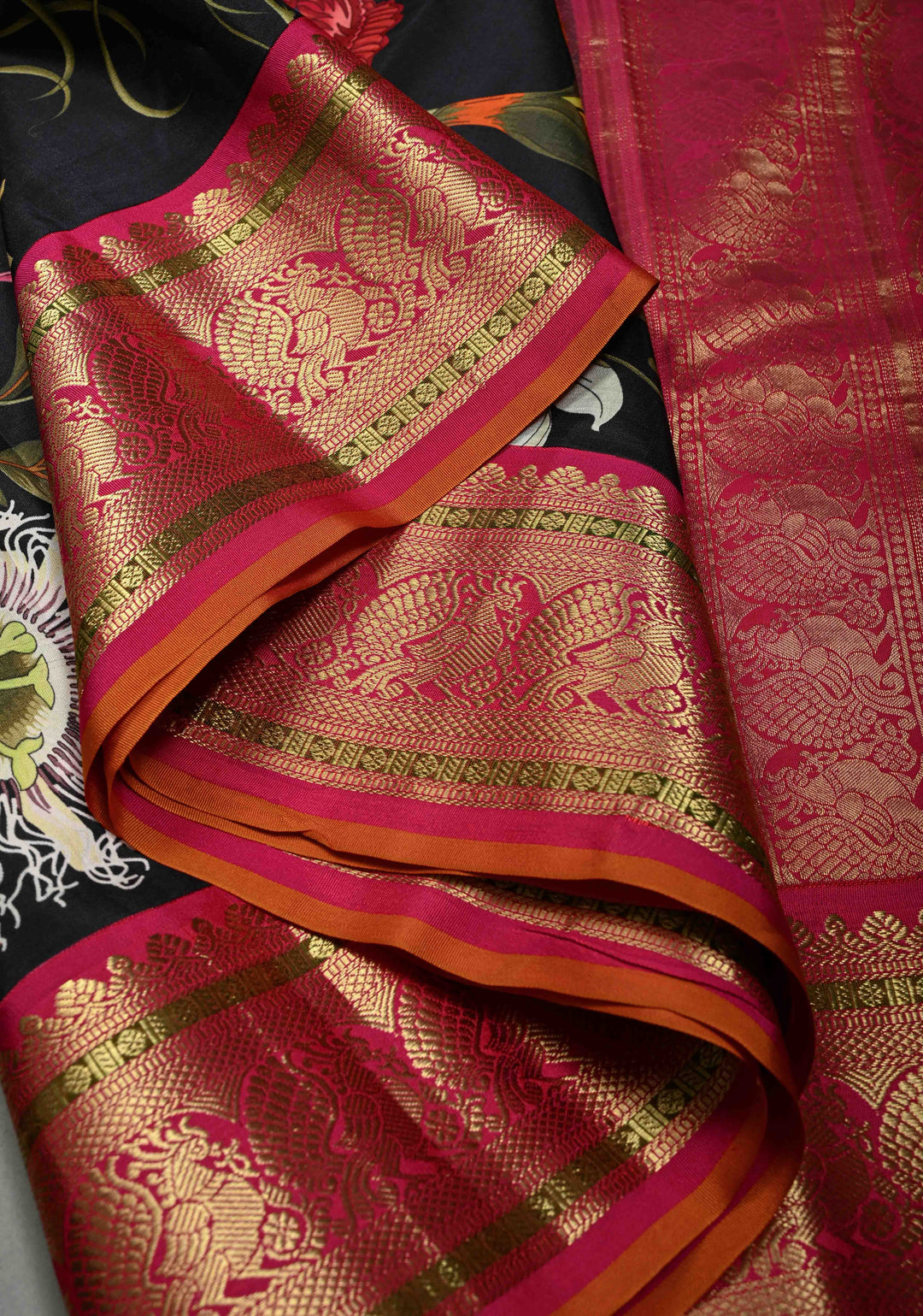 Stunning Black Pure Kanjivaram Silk Saree with Tropical Floral Digital Print and Contrast Pink-Mustard Zari Border | SILK MARK CERTIFIED | SHOBITAM