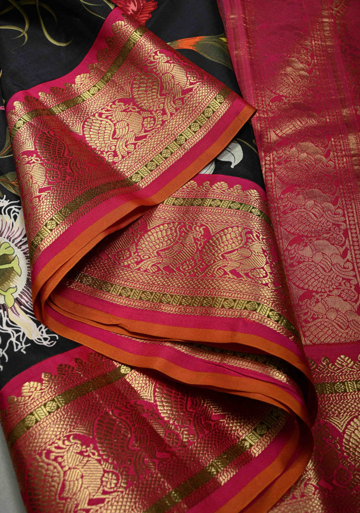 Stunning Black Pure Kanjivaram Silk Saree with Tropical Floral Digital Print and Contrast Pink-Mustard Zari Border | SILK MARK CERTIFIED | SHOBITAM