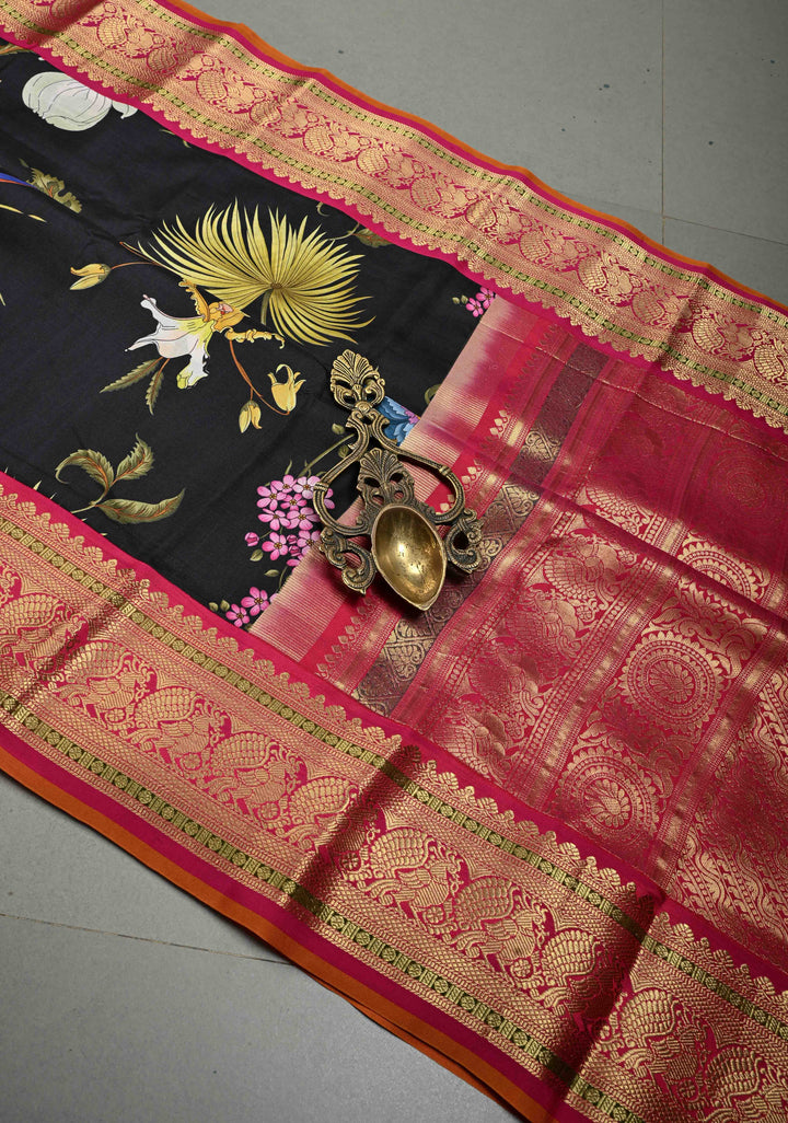 Stunning Black Pure Kanjivaram Silk Saree with Tropical Floral Digital Print and Contrast Pink-Mustard Zari Border | SILK MARK CERTIFIED | SHOBITAM