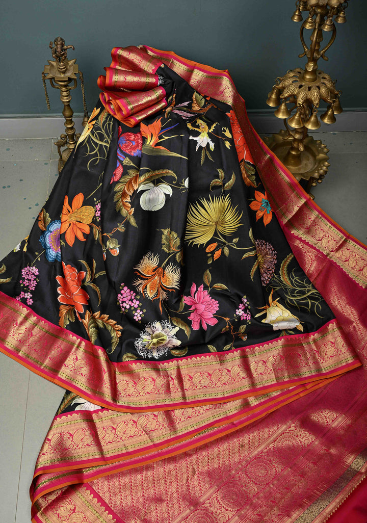 Stunning Black Pure Kanjivaram Silk Saree with Tropical Floral Digital Print and Contrast Pink-Mustard Zari Border | SILK MARK CERTIFIED | SHOBITAM