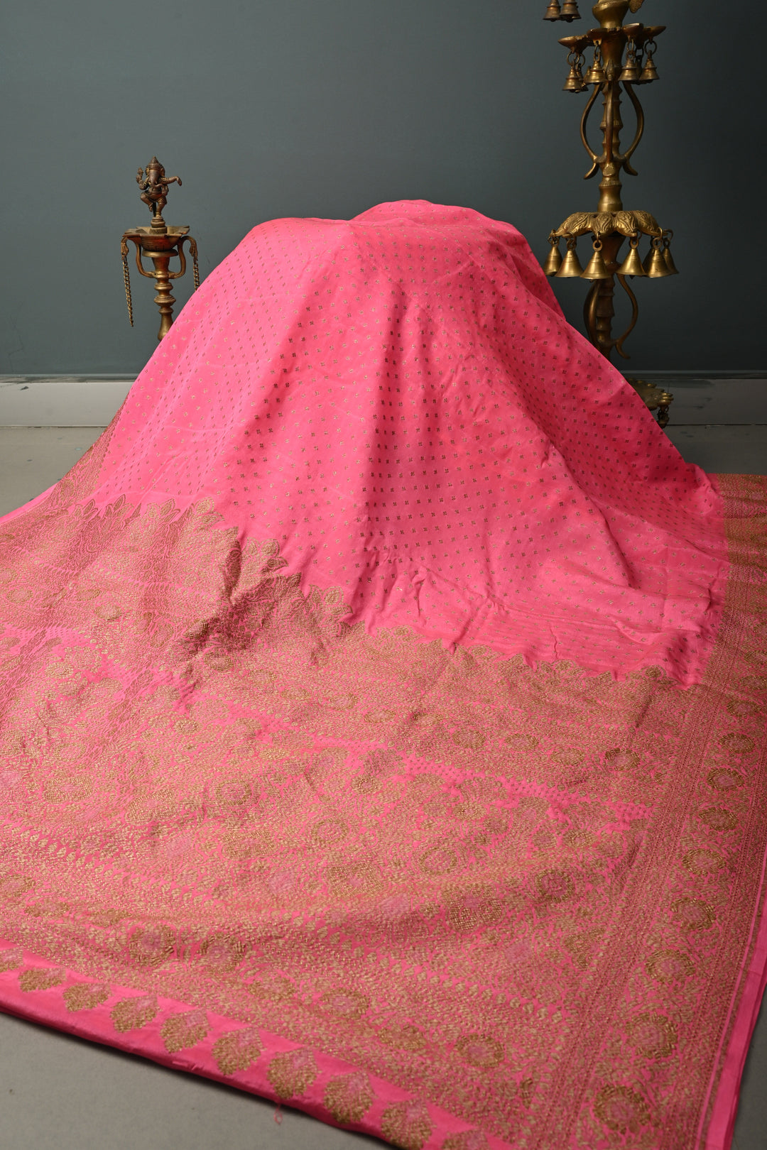 Dusty Pink Banarasi Silk Georgette Saree with Antique Zari Chunri Buttis and Zari Border | SILK MARK CERTIFIED | SHOBITAM