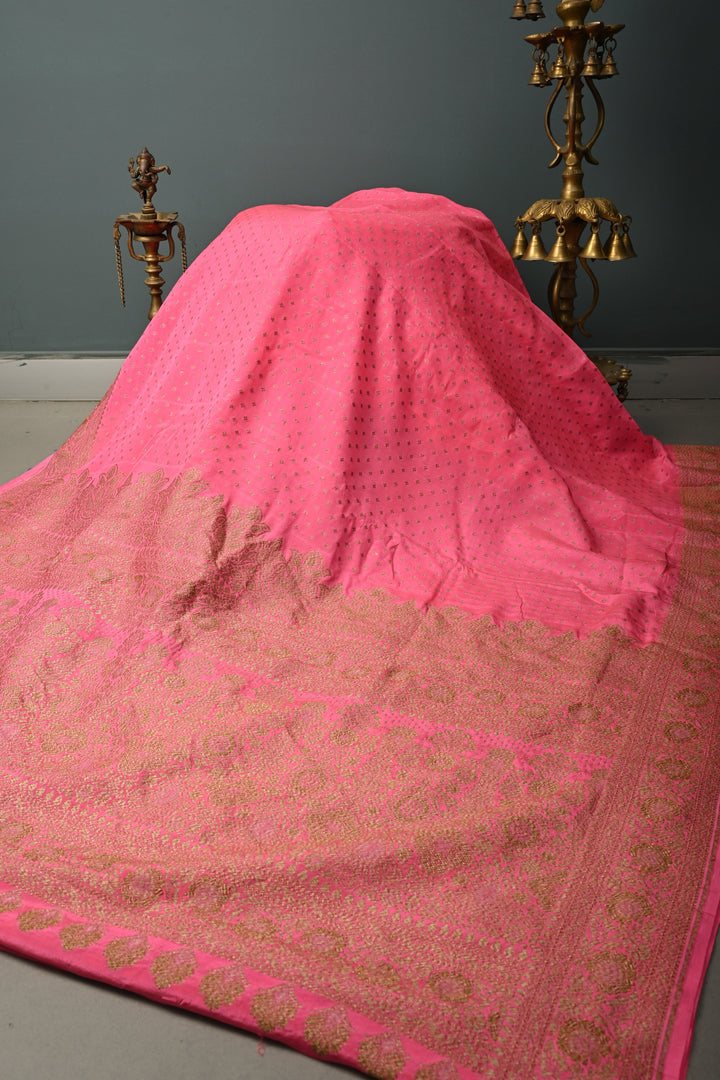 Dusty Pink Banarasi Silk Georgette Saree with Antique Zari Chunri Buttis and Zari Border | SILK MARK CERTIFIED | SHOBITAM