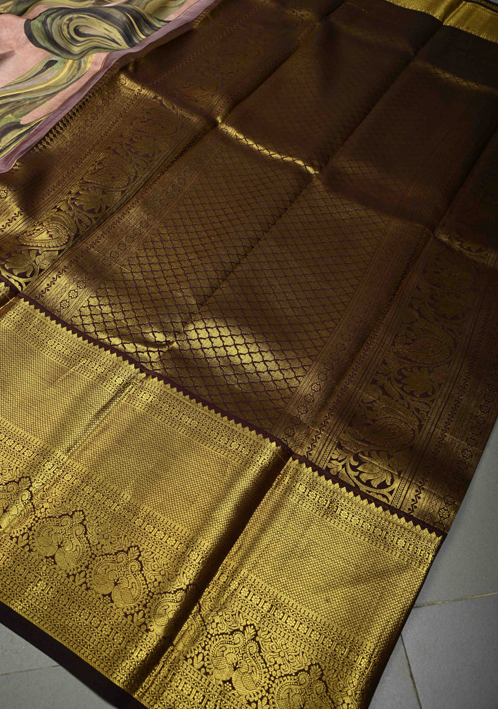 Dusty Rose Pure Kanjivaram Silk Saree with Digital Print and Contrast Zari Border | SILK MARK CERTIFIED | SHOBITAM