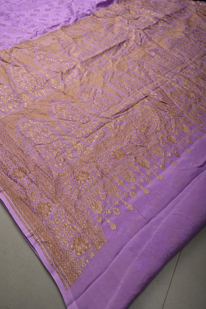 Lavender Banarasi Silk Creape Georgette Saree with Zari Buttis and Antique Oxidisesd Zari Border | SILK MARK CERTIFIED | SHOBITAM