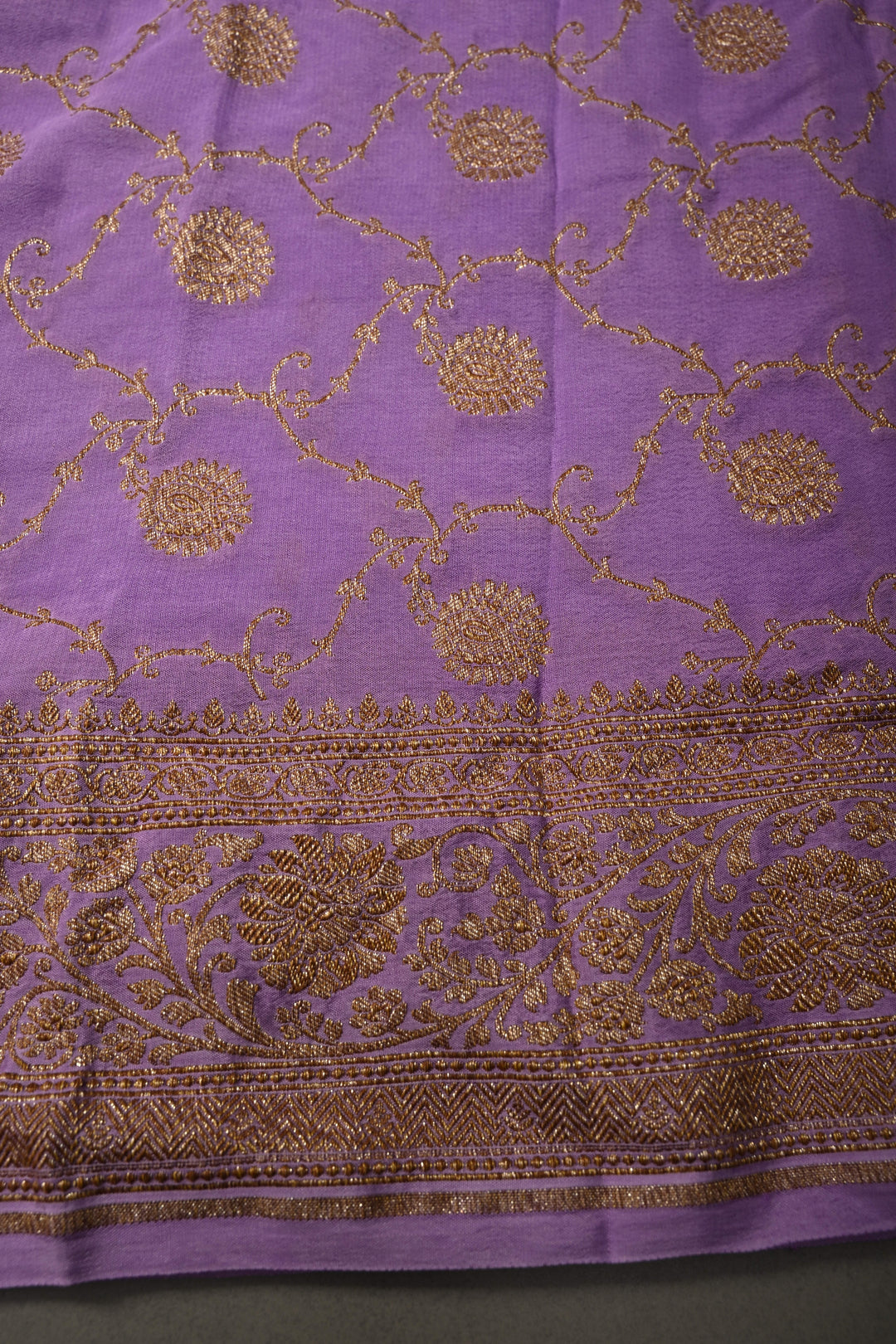 Lavender Banarasi Silk Creape Georgette Saree with Zari Buttis and Antique Oxidisesd Zari Border | SILK MARK CERTIFIED | SHOBITAM