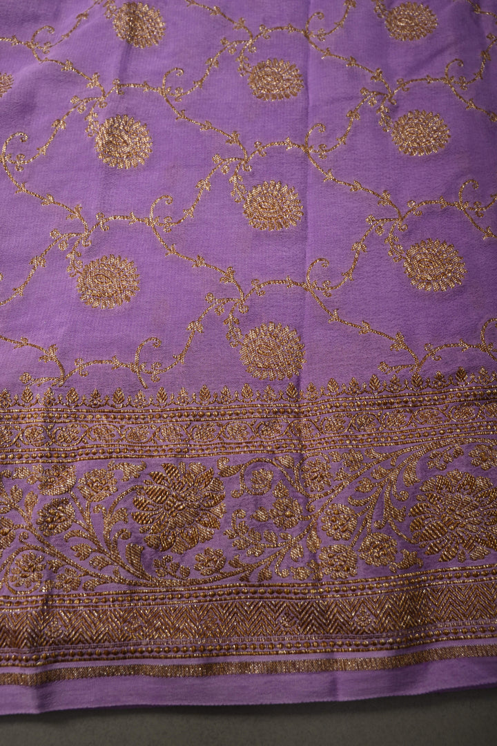 Lavender Banarasi Silk Creape Georgette Saree with Zari Buttis and Antique Oxidisesd Zari Border | SILK MARK CERTIFIED | SHOBITAM