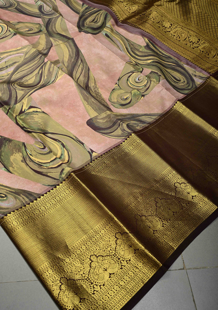 Dusty Rose Pure Kanjivaram Silk Saree with Digital Print and Contrast Zari Border | SILK MARK CERTIFIED | SHOBITAM