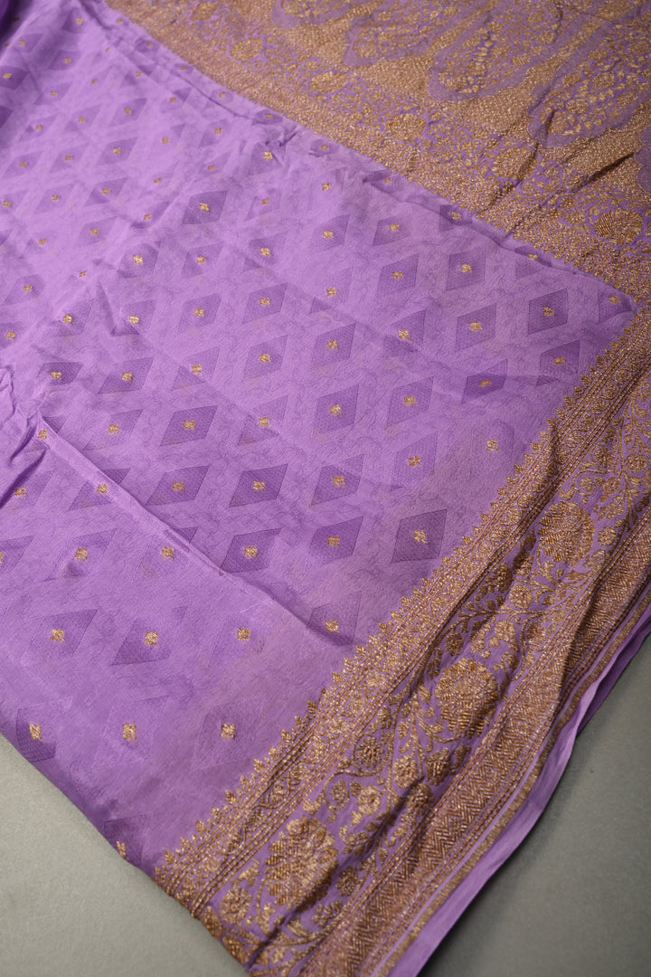 Lavender Banarasi Silk Creape Georgette Saree with Zari Buttis and Antique Oxidisesd Zari Border | SILK MARK CERTIFIED | SHOBITAM