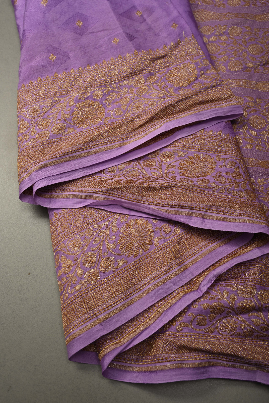 Lavender Banarasi Silk Creape Georgette Saree with Zari Buttis and Antique Oxidisesd Zari Border | SILK MARK CERTIFIED | SHOBITAM