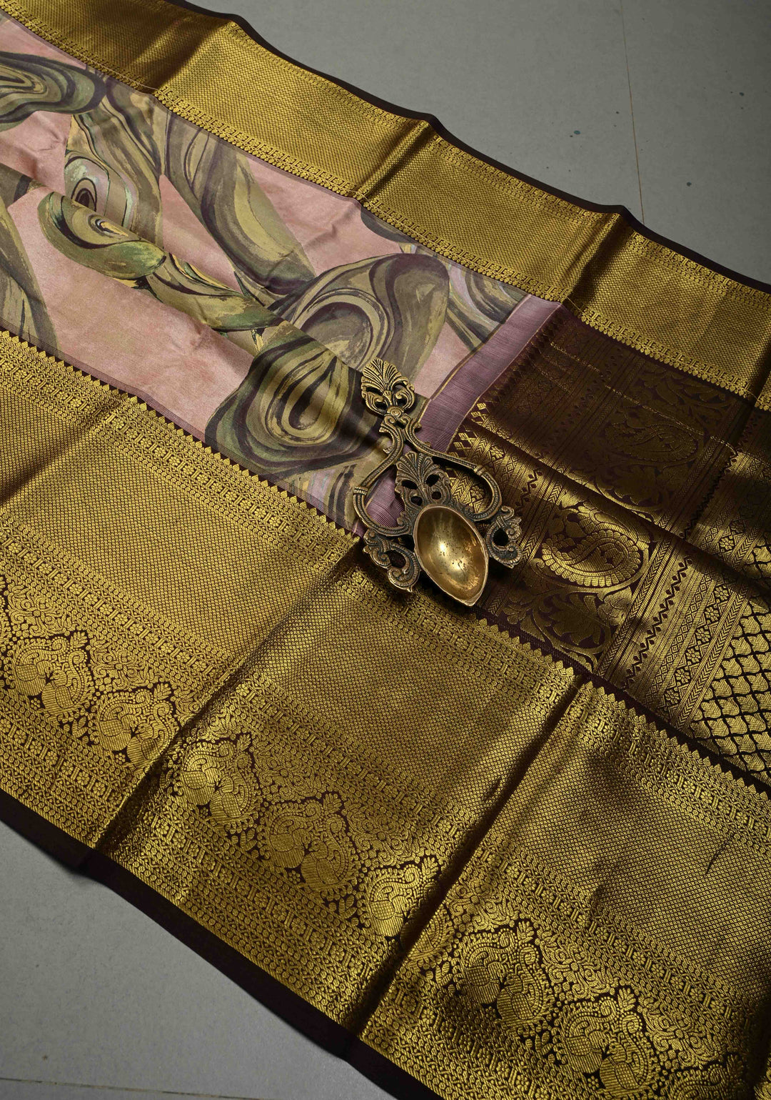 Dusty Rose Pure Kanjivaram Silk Saree with Digital Print and Contrast Zari Border | SILK MARK CERTIFIED | SHOBITAM
