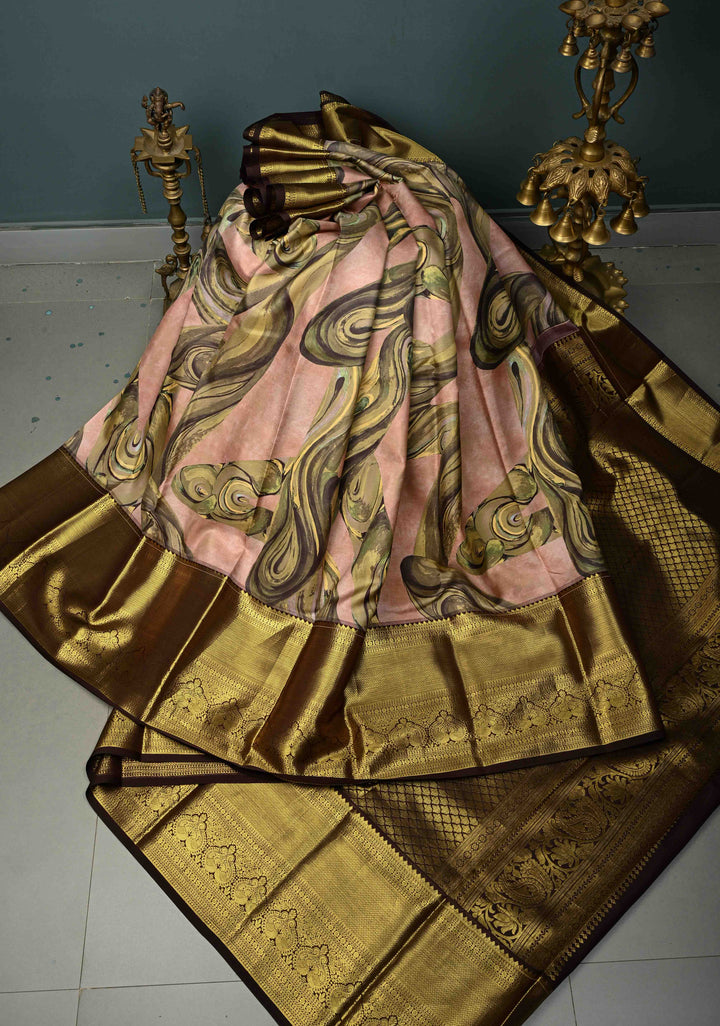 Dusty Rose Pure Kanjivaram Silk Saree with Digital Print and Contrast Zari Border | SILK MARK CERTIFIED | SHOBITAM