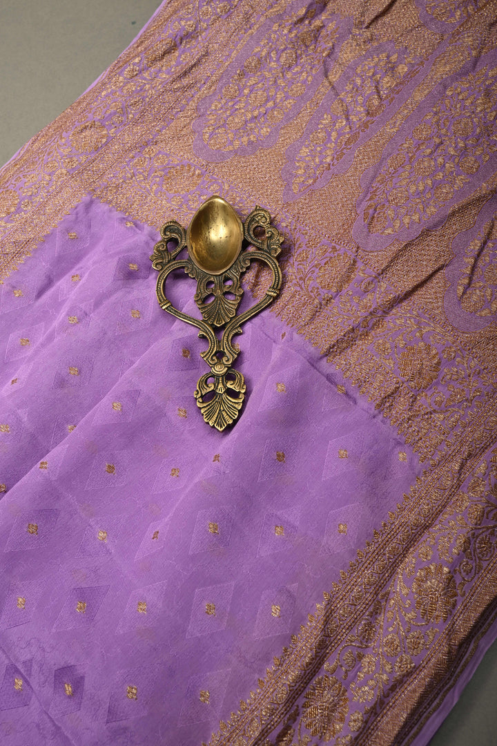 Lavender Banarasi Silk Creape Georgette Saree with Zari Buttis and Antique Oxidisesd Zari Border | SILK MARK CERTIFIED | SHOBITAM