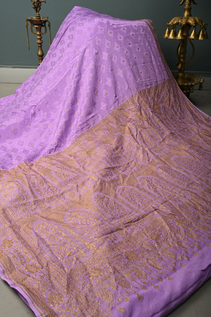Lavender Banarasi Silk Creape Georgette Saree with Zari Buttis and Antique Oxidisesd Zari Border | SILK MARK CERTIFIED | SHOBITAM