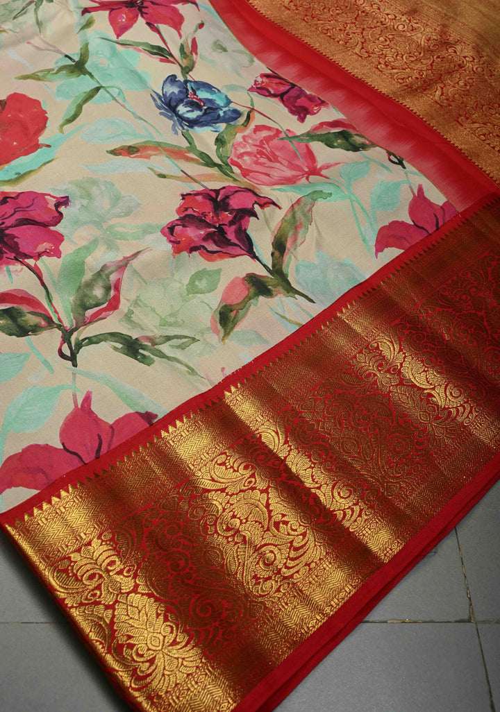 Mint-Aqua Pure Kanjivaram Silk Saree with Floral Digital Print and Contrast Zari Border | SILK MARK CERTIFIED | SHOBITAM