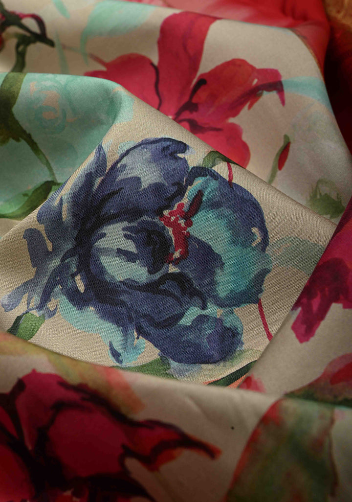 Mint-Aqua Pure Kanjivaram Silk Saree with Floral Digital Print and Contrast Zari Border | SILK MARK CERTIFIED | SHOBITAM
