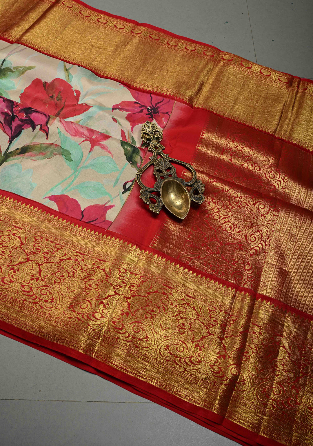 Mint-Aqua Pure Kanjivaram Silk Saree with Floral Digital Print and Contrast Zari Border | SILK MARK CERTIFIED | SHOBITAM