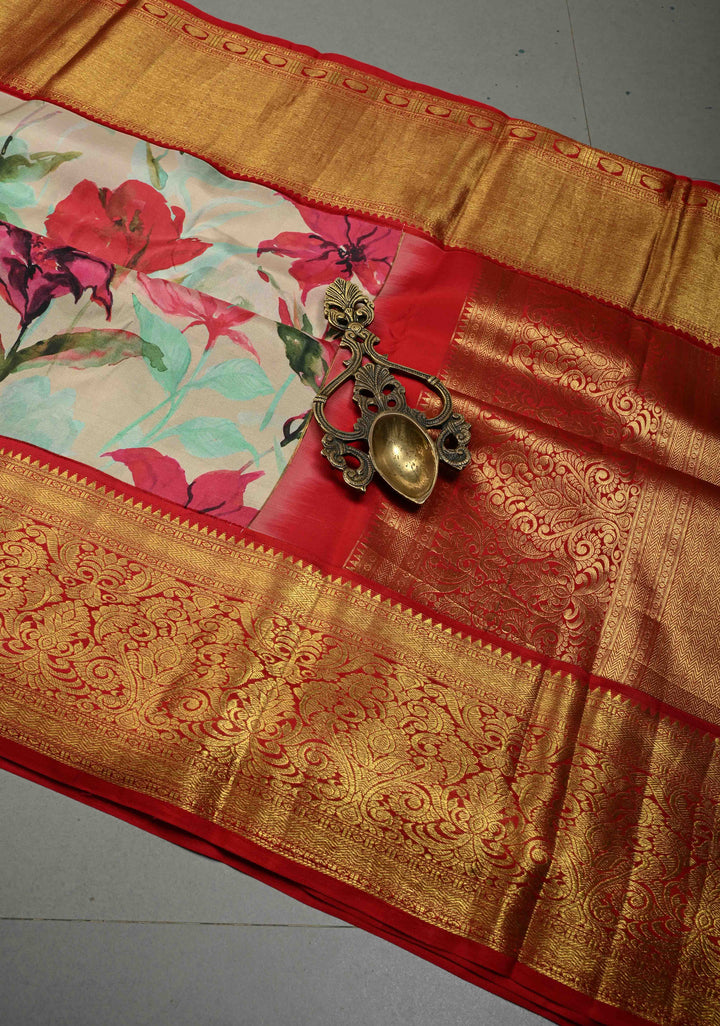 Mint-Aqua Pure Kanjivaram Silk Saree with Floral Digital Print and Contrast Zari Border | SILK MARK CERTIFIED | SHOBITAM