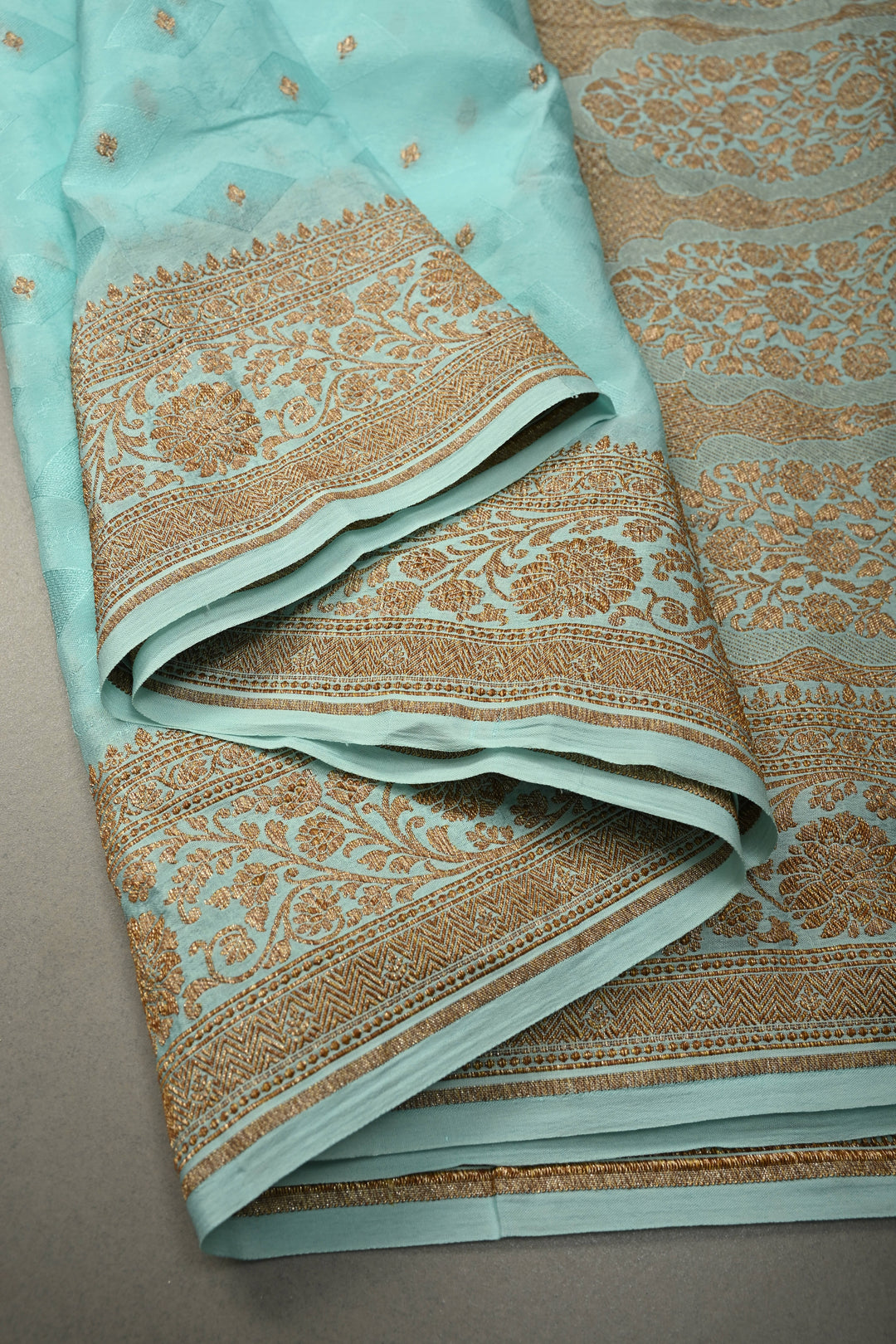 Cyan Blue Self Brocade Jaal on Banarasi Georgette Silk Saree with Antique Zari Buttis and Zari Border | SILK MARK CERTIFIED | SHOBITAM