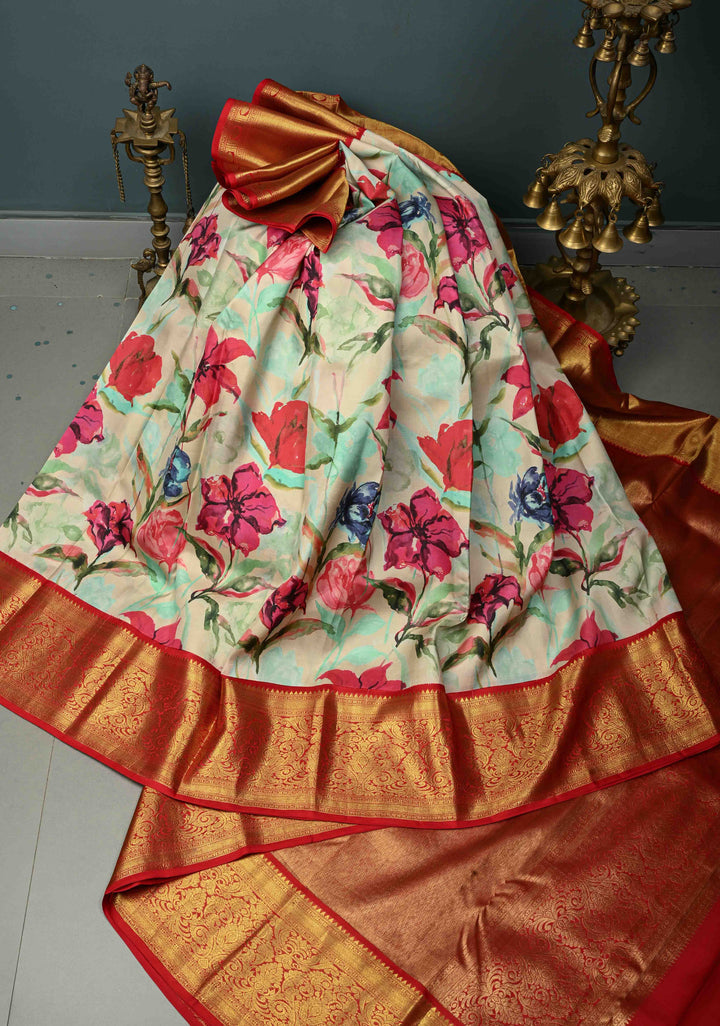 Mint-Aqua Pure Kanjivaram Silk Saree with Floral Digital Print and Contrast Zari Border | SILK MARK CERTIFIED | SHOBITAM