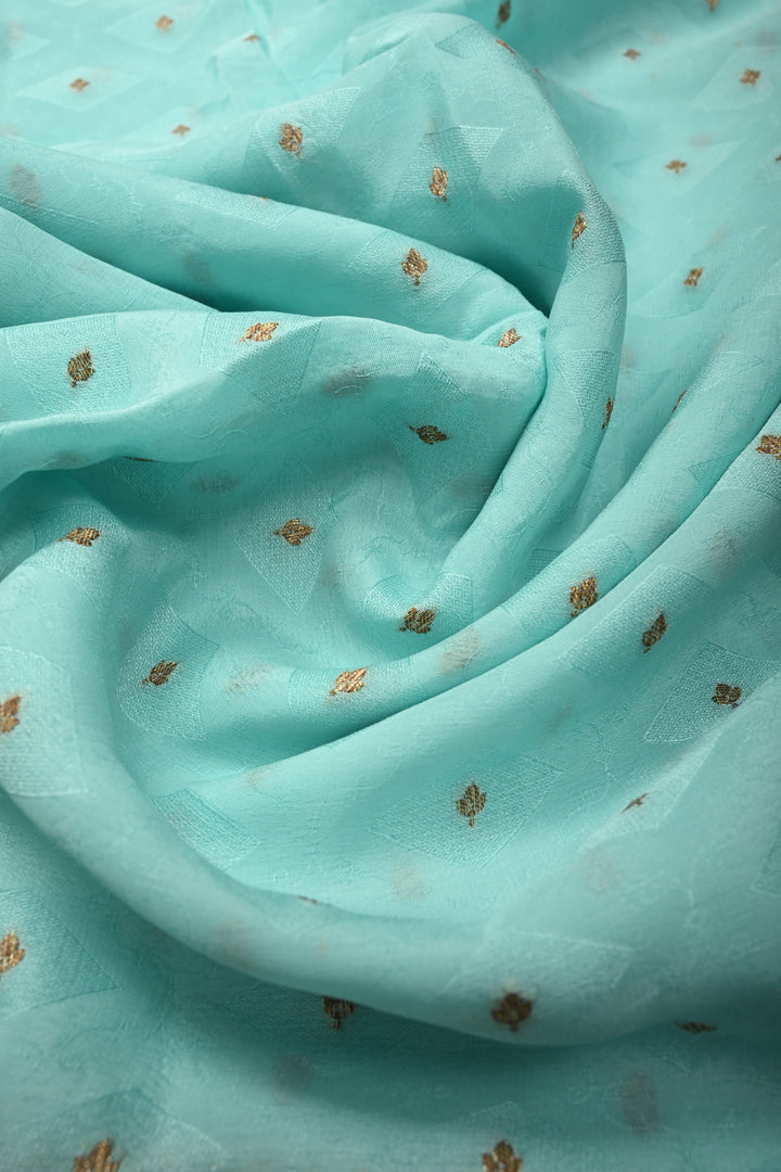 Cyan Blue Self Brocade Jaal on Banarasi Georgette Silk Saree with Antique Zari Buttis and Zari Border | SILK MARK CERTIFIED | SHOBITAM